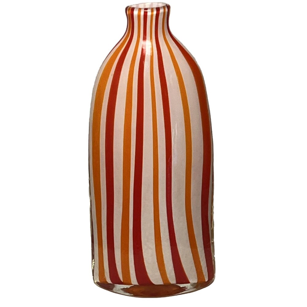 Art Glass Vase Vintage Tall Bottle Stripe White Red Orange Decorative Modern 13"